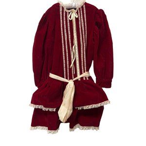 Vintage Handmade Girlie Girl Velvet Red Jumper Dress Tan Old Lace Dress